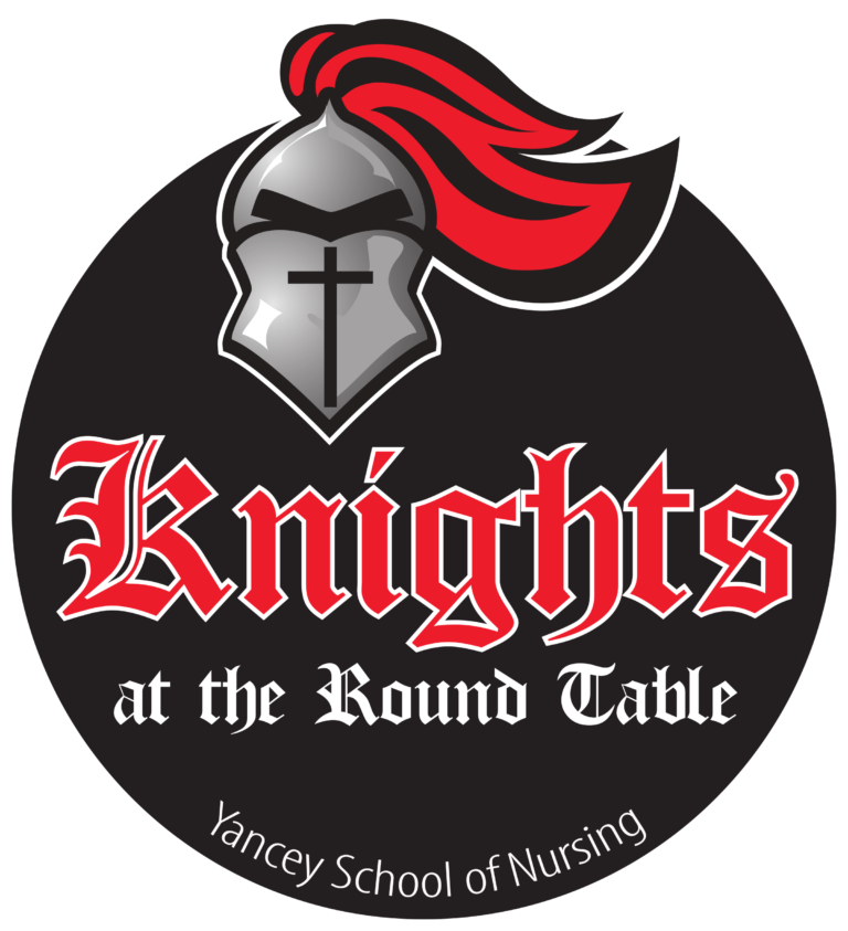 Logo featuring a medieval helmet with red plume, the text "Knights at the Round Table," and "Yancey School of Nursing" at the bottom.