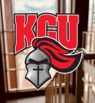 A KGU logo featuring a knight's helmet with a red plume is displayed against the blurred background of a staircase and windows.