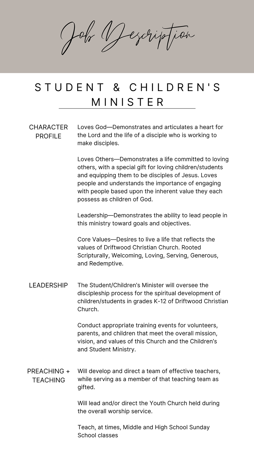 Job description flyer for a Student & Children's Minister listing character profile, leadership, and preaching/teaching roles, as well as core values and qualities required for the position.