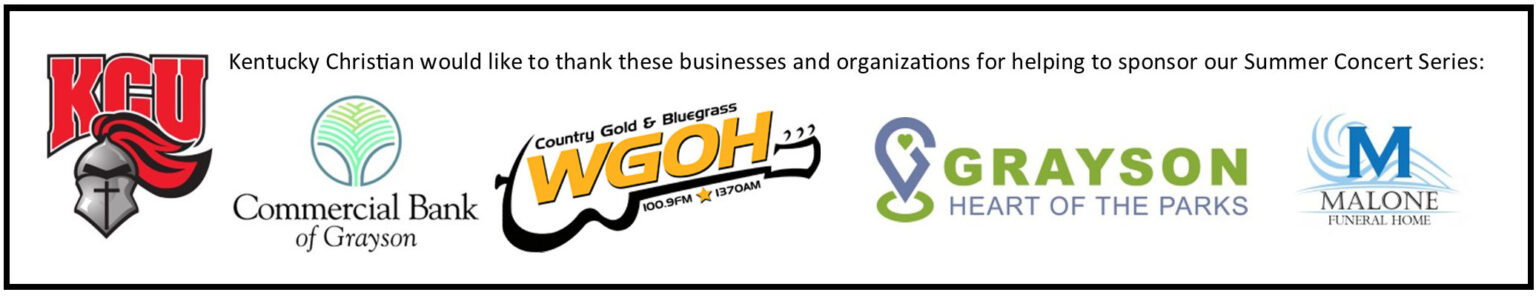 Logos of Kentucky Christian University, Commercial Bank of Grayson, WGOH radio, Grayson city, and Malone Funeral Home, sponsors of a summer concert series.