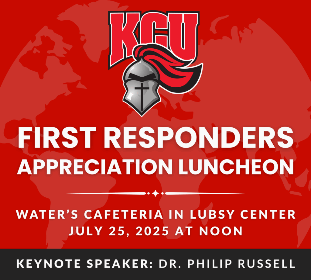 Red graphic for KGU's First Responders Appreciation Luncheon on July 25, 2025 at noon in Water’s Cafeteria, Lubsy Center, featuring keynote speaker Dr. Philip Russell.
