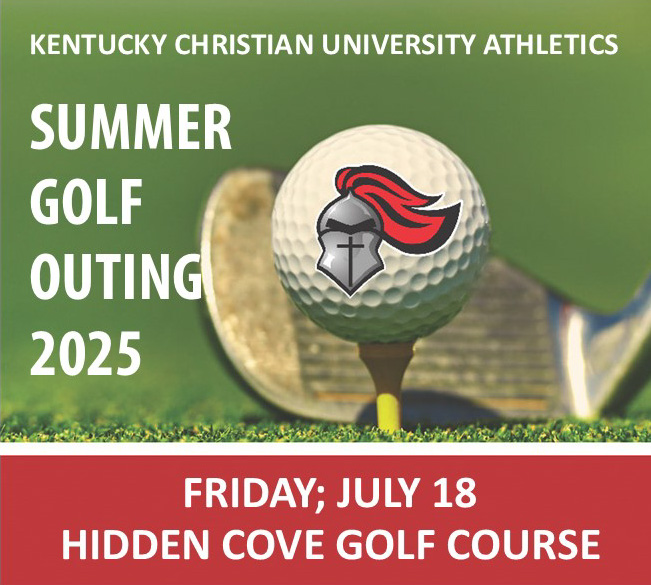 Golf ball with a knight logo on a tee, golf club behind, with text announcing the Kentucky Christian University Athletics Summer Golf Outing 2025 on Friday, July 18 at Hidden Cove Golf Course.