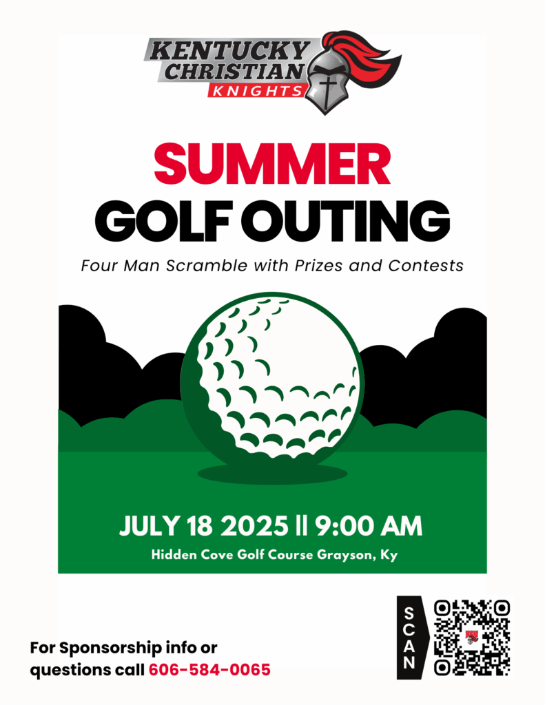 Flyer for Kentucky Christian Knights Summer Golf Outing on July 18, 2025, at 9:00 AM in Grayson, KY; includes event details and sponsorship contact info.