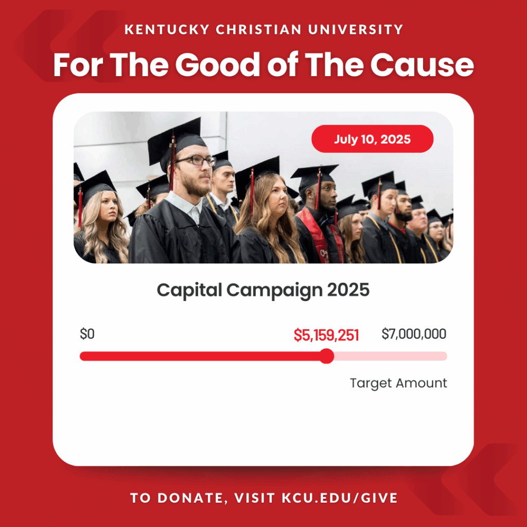 Group of graduates in caps and gowns stand at a ceremony. A campaign progress bar shows $5,159,251 raised toward a $7,000,000 goal for Kentucky Christian University.