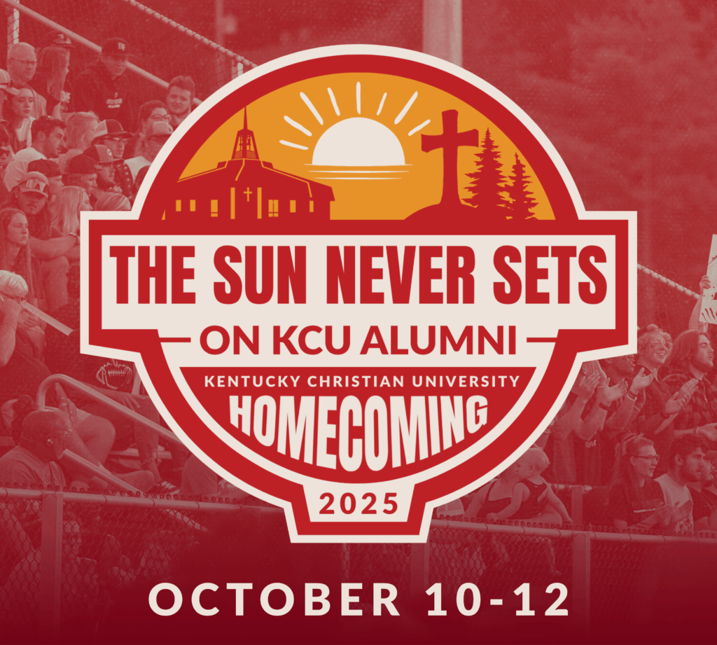 Logo for Kentucky Christian University Homecoming 2025 with the slogan "The Sun Never Sets on KCU Alumni" over a background of people in stadium seating. Dates: October 10-12.