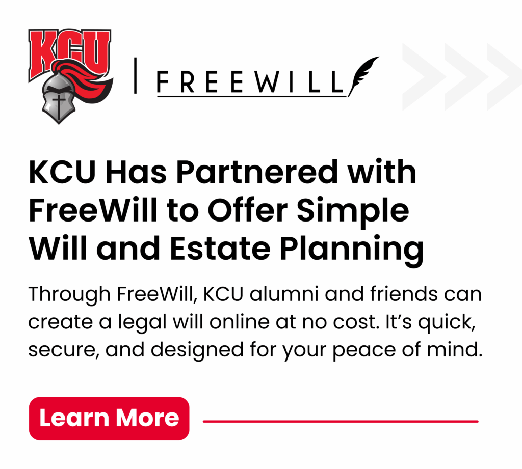 KCU partners with FreeWill to provide free online will and estate planning for alumni and friends, emphasizing ease, security, and peace of mind. "Learn More" button is visible.
