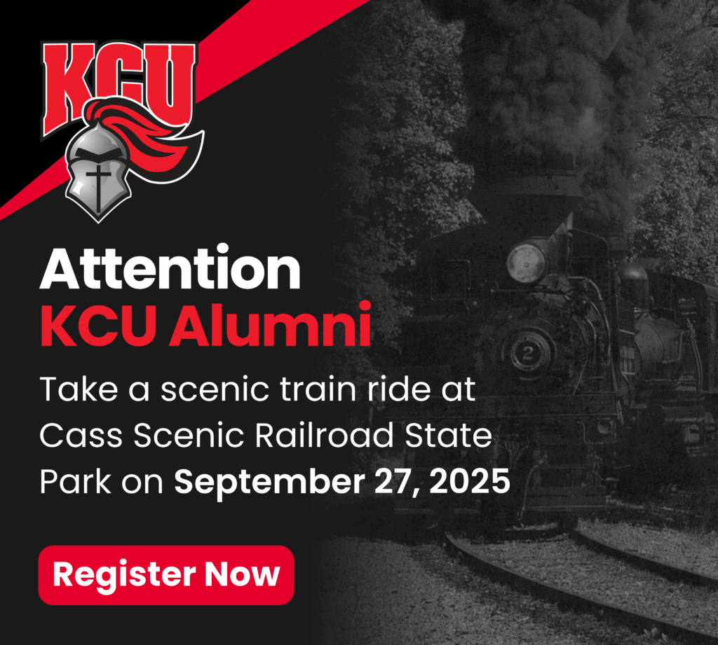 A black steam train on tracks promotes a scenic ride for KCU alumni at Cass Scenic Railroad State Park on September 27, 2025, with a "Register Now" button.