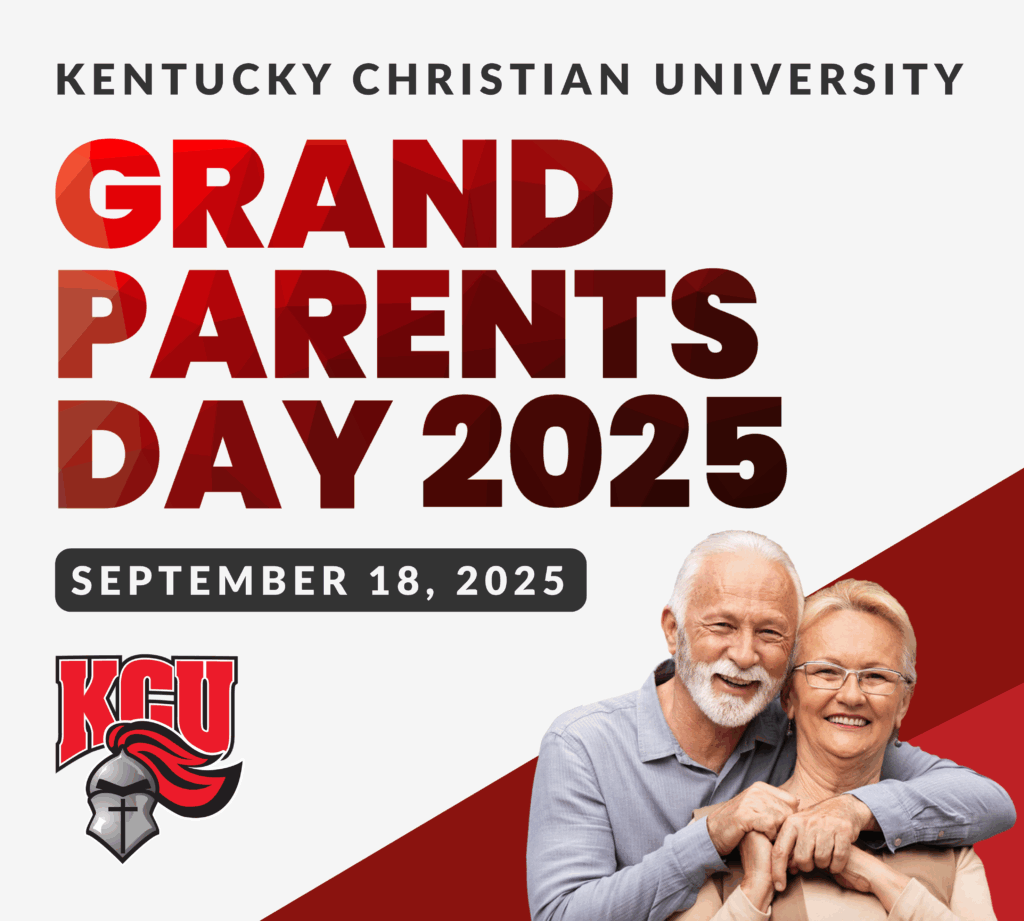 A smiling senior couple stands together below text reading "Kentucky Christian University Grandparents Day 2025, September 18, 2025" with KCU logo.