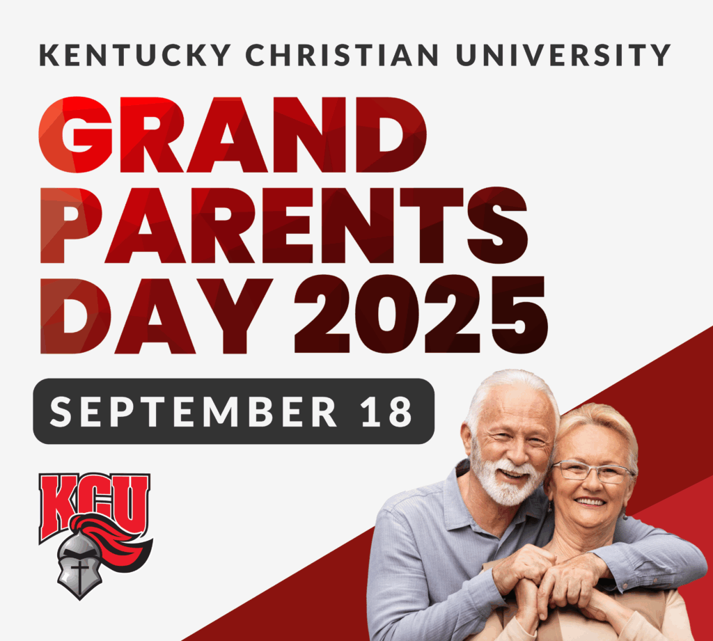 An elderly couple smiling and embracing in front of a graphic for Kentucky Christian University's Grandparents Day 2025, scheduled for September 18.