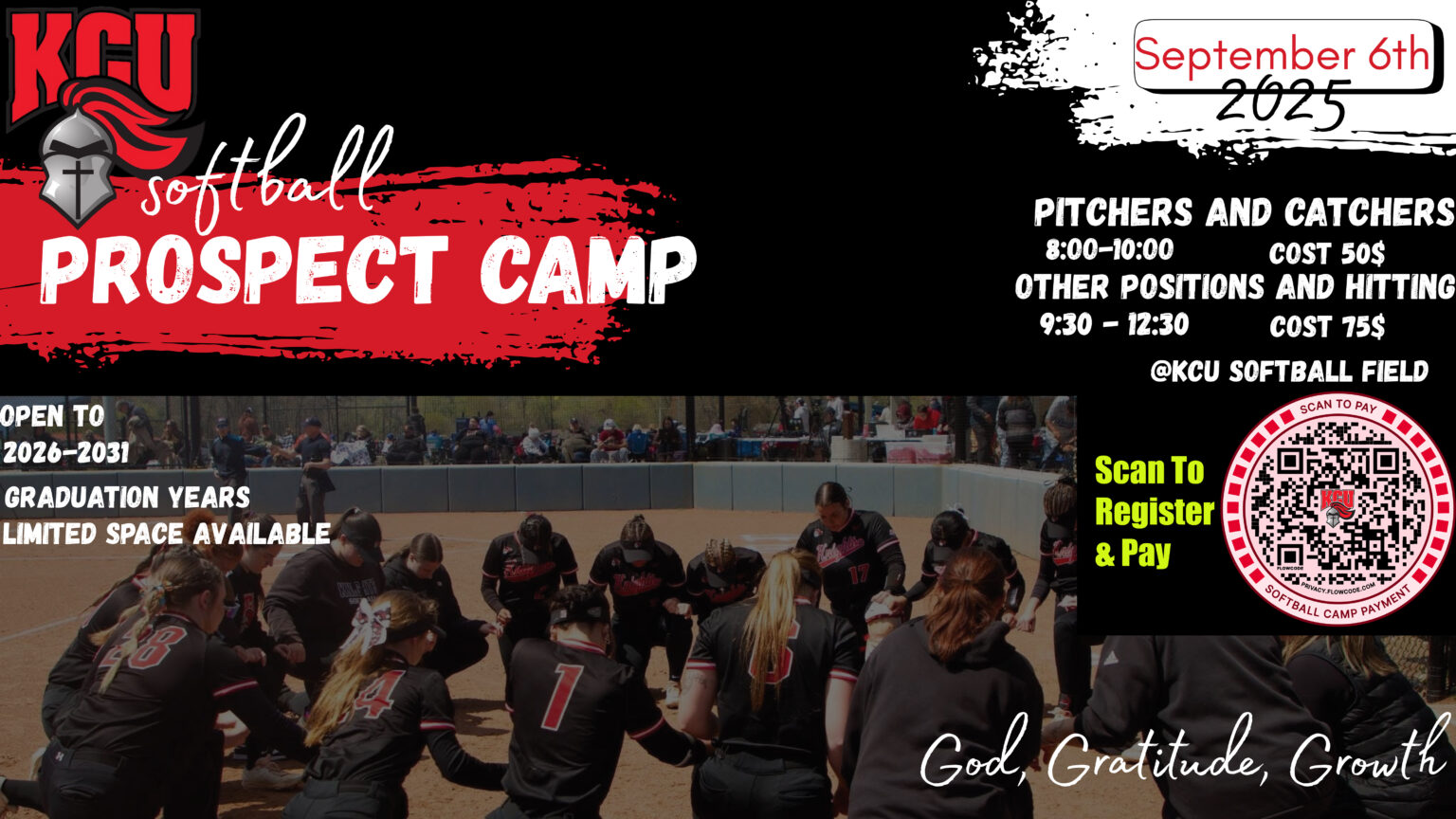 Softball players kneel in a team huddle on a field; KCU Prospect Camp details, registration info, and QR code are displayed on the image.