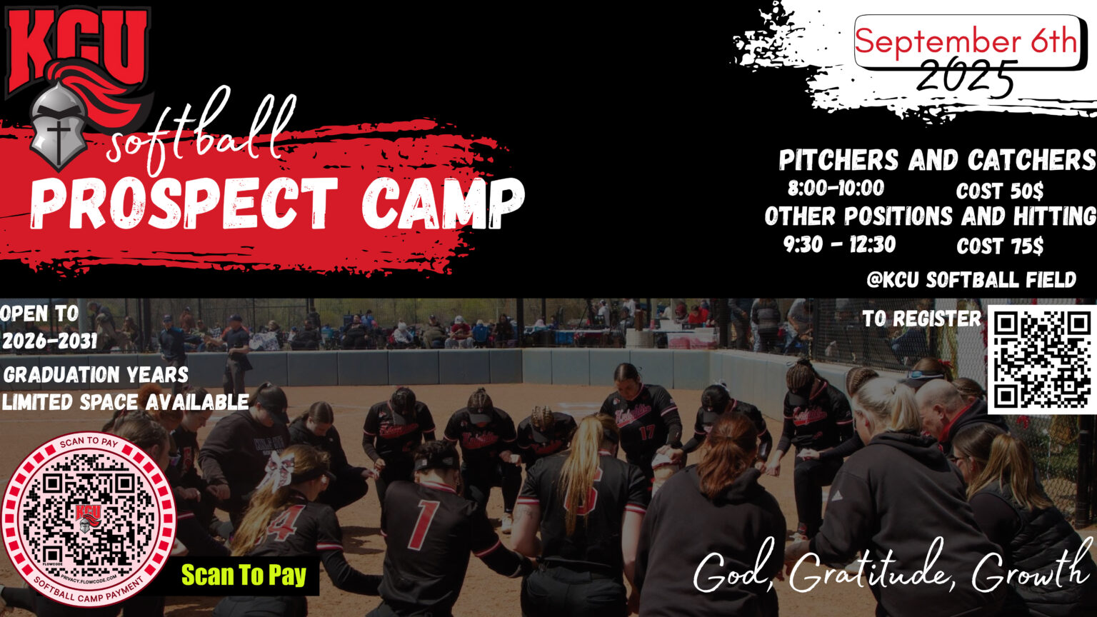 KCU Softball Prospect Camp flyer with dates, times, costs, registration QR code, and a photo of the team huddling on the field.