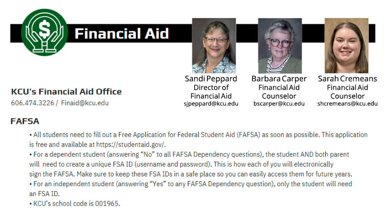 KCU Financial Aid Office staff portraits with contact information, office phone and email, FAFSA instructions, and KCU’s school code 001965.