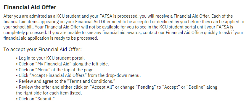 Screenshot of instructions explaining how KCU students can review and accept their financial aid offer after FAFSA processing, including step-by-step directions for the online student portal.