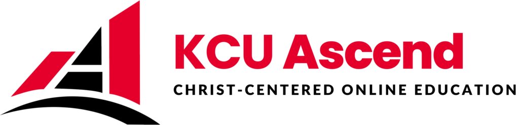 KCU Ascend logo featuring a stylized red and black "A" next to the text "KCU Ascend Christ-Centered Online Education" on a light background.