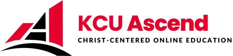 KCU Ascend logo featuring a stylized red and black "A" next to the text "KCU Ascend Christ-Centered Online Education" on a light background.