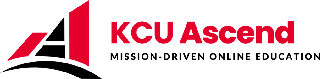 KCU Ascend logo with a red and black abstract design and the text "KCU Ascend: Mission-Driven Online Education" on a light background.