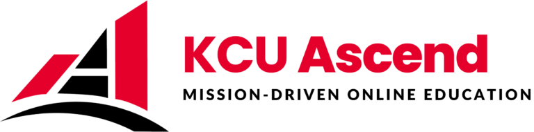 KCU Ascend logo with a red and black abstract design and the text "KCU Ascend: Mission-Driven Online Education" on a light background.