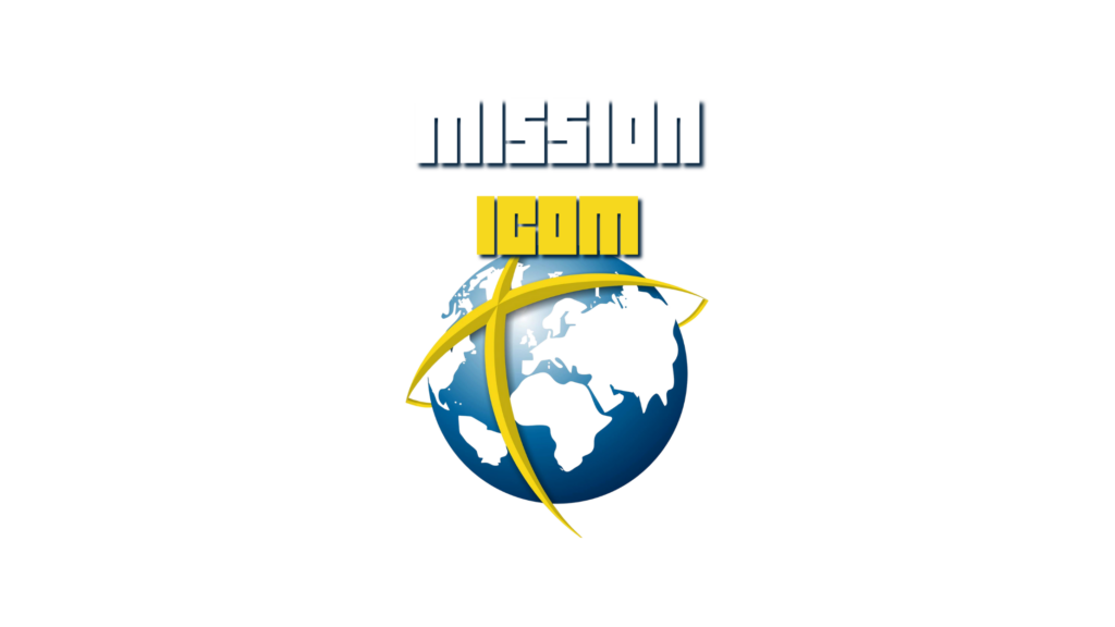 Logo featuring the word "MISSION" in white above "ICOM" in yellow, with a globe and a yellow swoosh encircling it, set against a light gray background.
