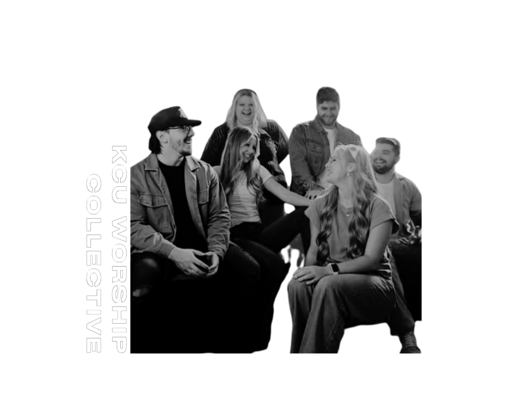 A group of six people sitting and smiling together with the words "Worship Team" and "KCU Worship Collective" in bold text.