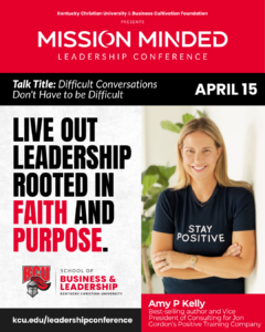 Promotional poster for a leadership conference featuring Amy P. Kelly, with event details, a leadership quote, and contact information.
