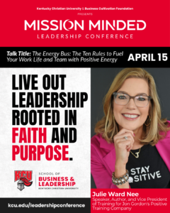 Promotional poster for the Mission Minded Leadership Conference with speaker Julie Ward Nee, taking place April 15 at Kentucky Christian University.