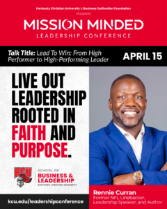 A smiling man in a blue suit stands next to event details for the Mission Minded Leadership Conference, featuring leadership messages and speaker Rennie Curran.