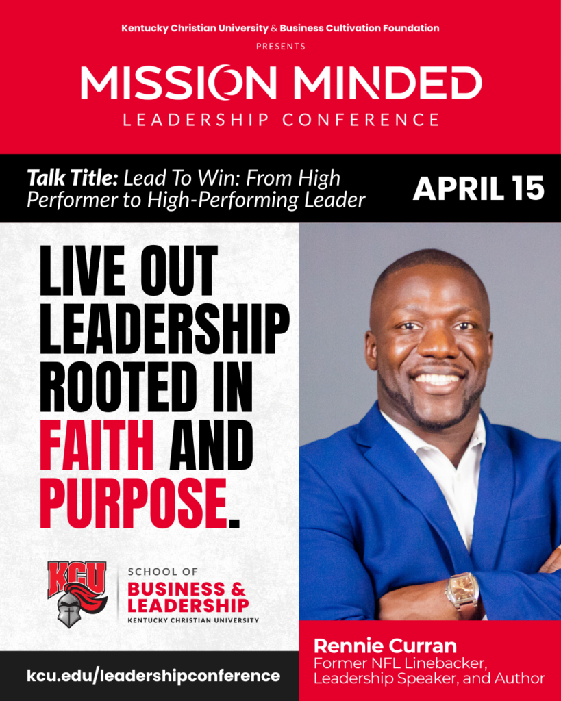 A smiling man in a blue suit stands next to event details for the Mission Minded Leadership Conference, featuring leadership messages and speaker Rennie Curran.
