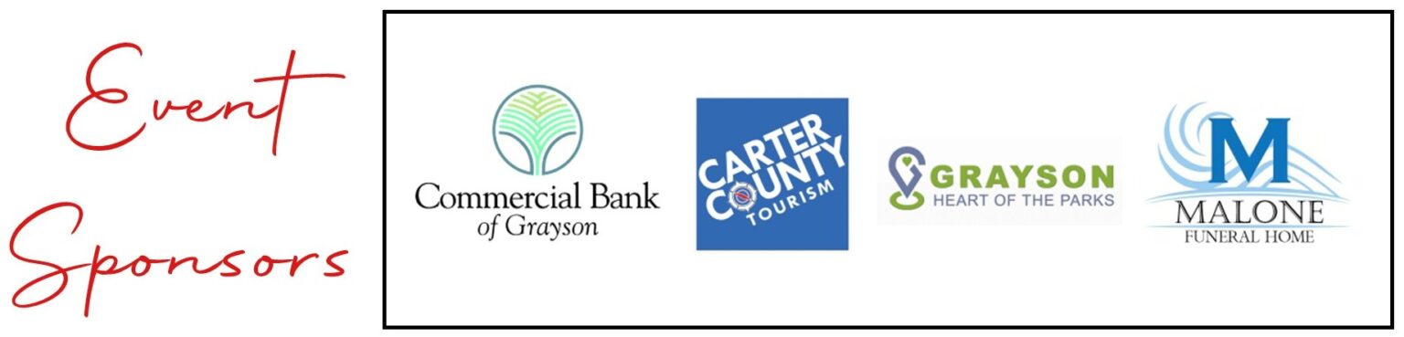 Event sponsors logos: Commercial Bank of Grayson, Carter County Tourism, Grayson Heart of the Parks, Malone Funeral Home.