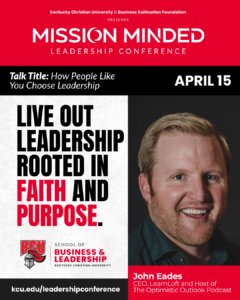 Promotional poster for the Mission Minded Leadership Conference at Kentucky Christian University, featuring speaker John Eades and event details for April 15.
