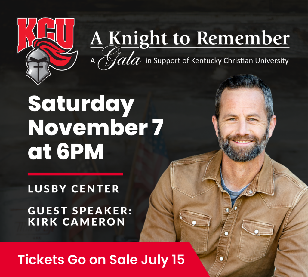 Promotional image for "A Knight to Remember" gala at the Lusby Center on November 7 at 6 PM, featuring guest speaker Kirk Cameron; tickets on sale July 15.