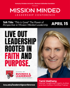 Mission Minded Leadership Conference promotional poster featuring Tami Matheny, event details, and a quote about leadership rooted in faith and purpose.