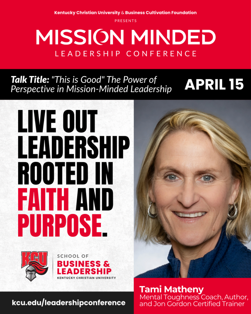 Mission Minded Leadership Conference promotional poster featuring Tami Matheny, event details, and a quote about leadership rooted in faith and purpose.