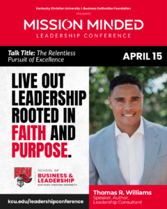 Conference poster for Mission Minded Leadership Conference on April 15, featuring Thomas R. Williams, with the theme "Live out leadership rooted in faith and purpose.