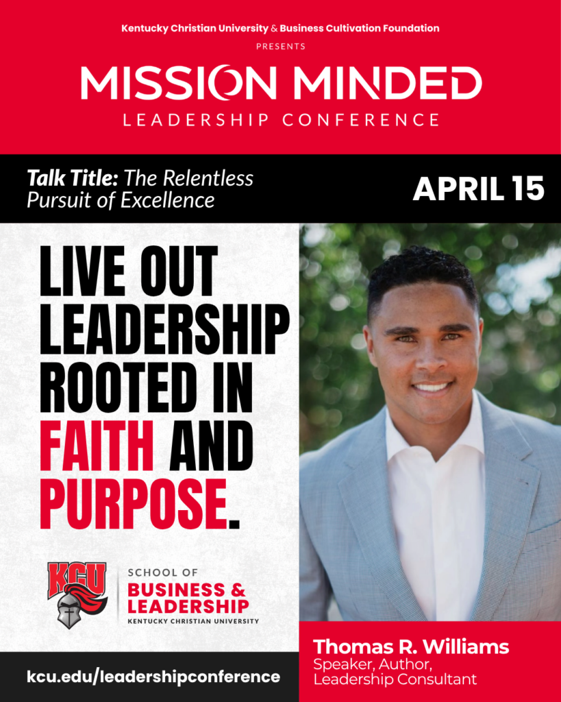 Conference poster for Mission Minded Leadership Conference on April 15, featuring Thomas R. Williams, with the theme "Live out leadership rooted in faith and purpose.