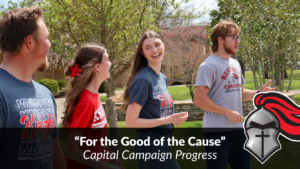 Four college students in university t-shirts walk and talk outside on a sunny day. Text reads: "For the Good of the Cause" Capital Campaign Progress. A knight helmet logo is shown.