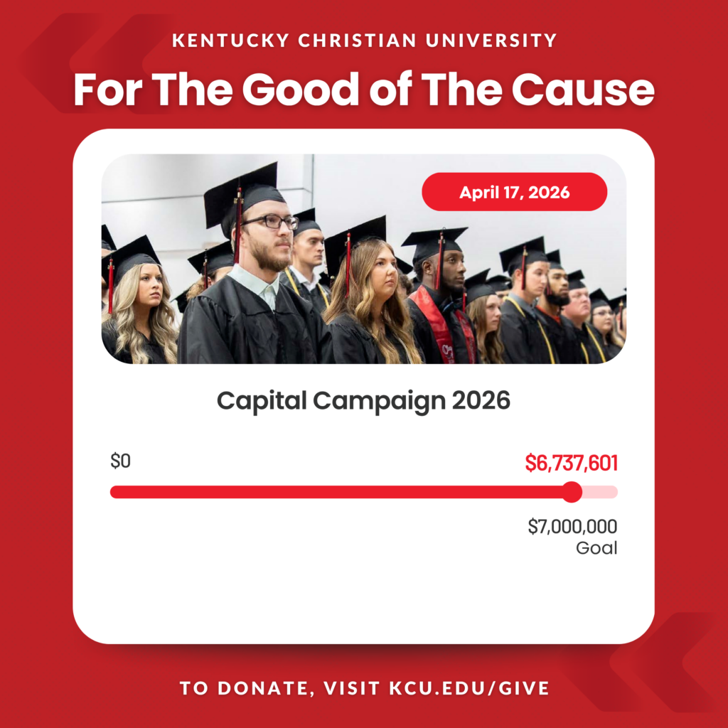 A group of graduates in caps and gowns stands in rows; a fundraising graphic shows $6,737,601 raised toward a $7,000,000 goal for Kentucky Christian University’s 2026 Capital Campaign.