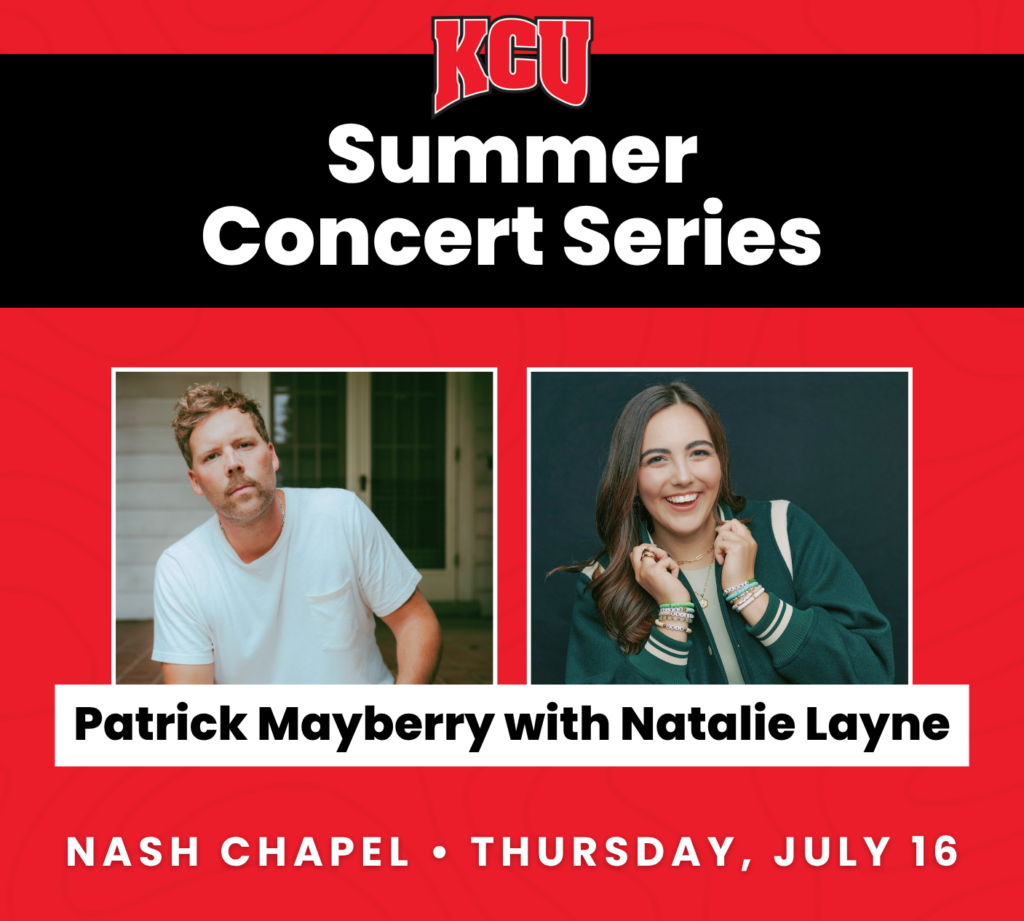Promotional poster for KCU Summer Concert Series featuring Patrick Mayberry and Natalie Layne, scheduled at Nash Chapel on Thursday, July 16.