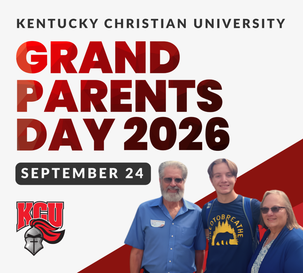 Three people stand smiling in front of text promoting Kentucky Christian University’s Grandparents Day 2026, happening on September 24. The KCU logo is also visible in the lower left corner.