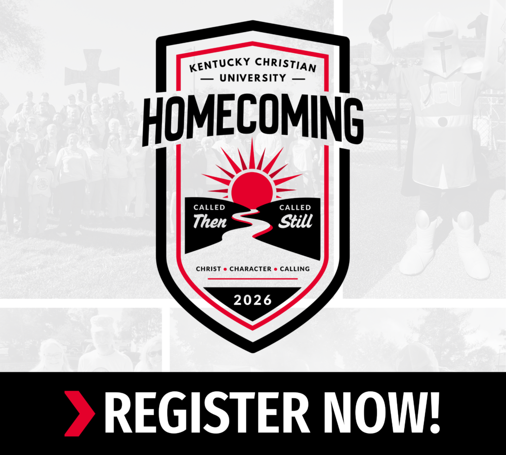 Kentucky Christian University Homecoming 2026 shield logo with “REGISTER NOW!” text at the bottom. Background features faded images of people and a mascot.