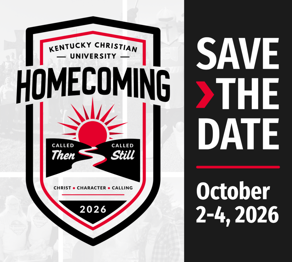 Kentucky Christian University Homecoming 2026 shield logo; text: “Save the Date, October 2-4, 2026.” Black, white, and red color scheme.