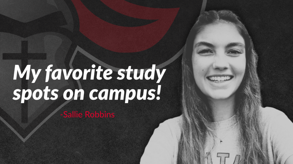 A young woman smiles in front of a graphic background with text that reads, “My favorite study spots on campus! – Sallie Robbins.”.