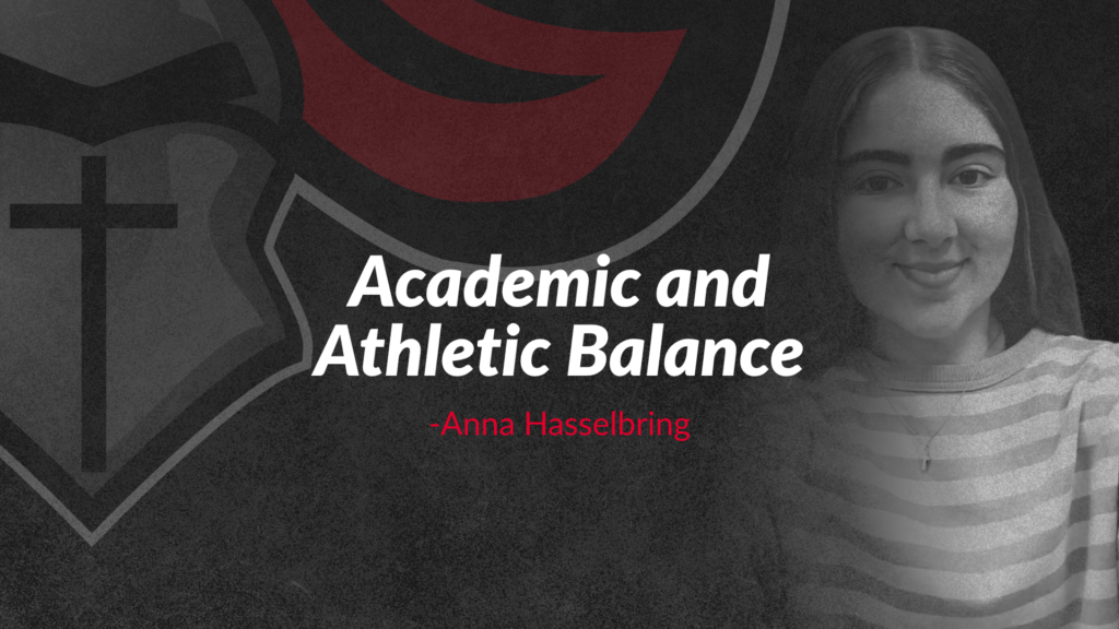 A young woman in a striped shirt smiles next to text reading “Academic and Athletic Balance - Anna Hasselbring” on a dark background with a logo.