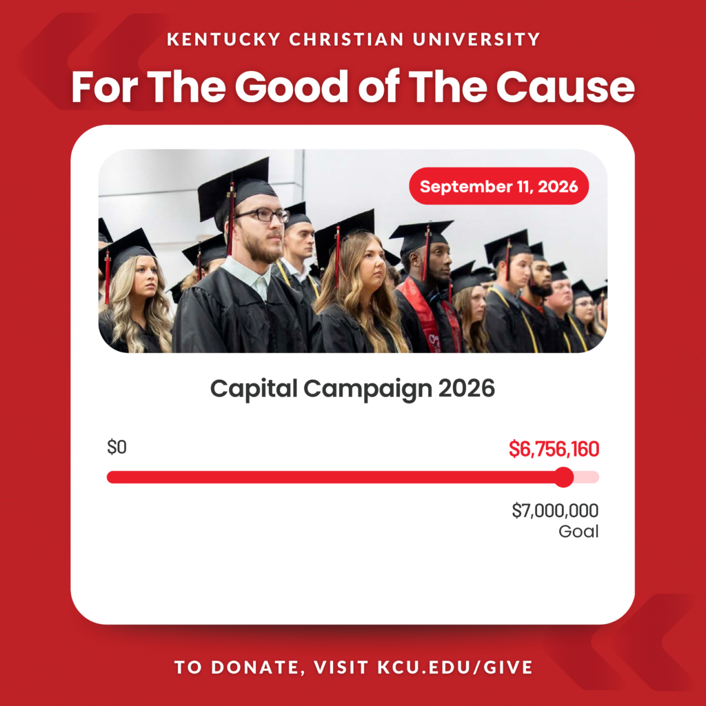 Graduates in caps and gowns stand at a ceremony. Capital Campaign 2026 shows $6,756,160 raised toward a $7,000,000 goal. Date shown is September 11, 2026.