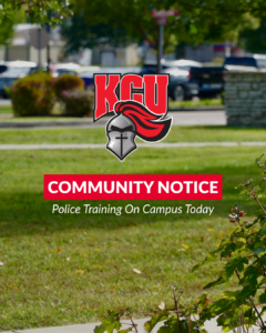 KCU logo above a red banner that reads “COMMUNITY NOTICE” and text stating “Police Training On Campus Today.”