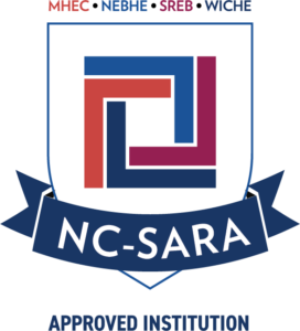 Logo for NC-SARA Approved Institution, featuring a shield with the acronyms MHEC, NEBHE, SREB, and WICHE above it.