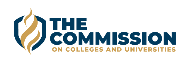 Logo for The Commission on Colleges and Universities featuring a blue shield icon with a gold flame.