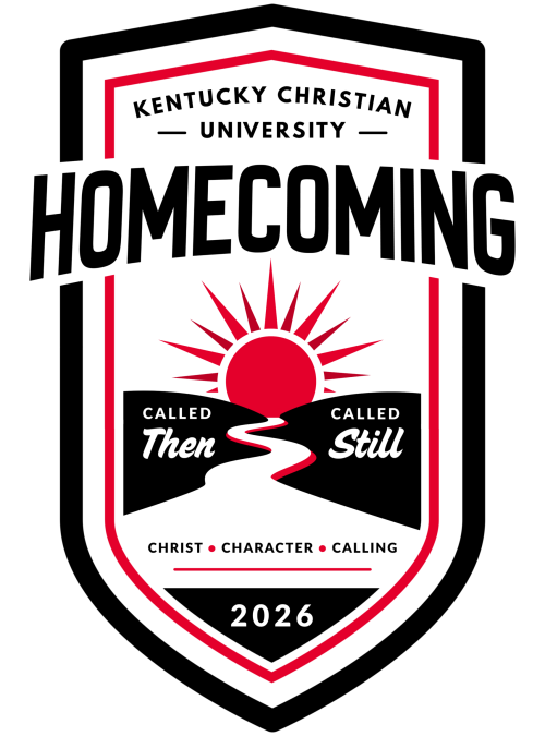Kentucky Christian University Homecoming 2026 logo with a sun, pathway, and the words “Called Then, Called Still. Christ, Character, Calling.”.