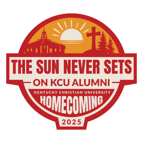 Circular badge with a church, cross, trees, and sunrise, featuring the text: "The Sun Never Sets on KCU Alumni, Kentucky Christian University Homecoming 2025.