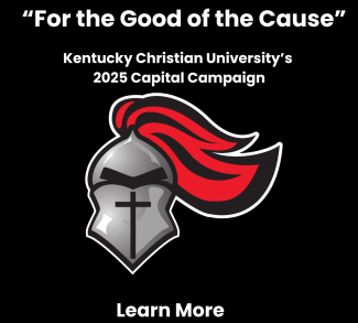 A knight helmet with a red plume and a cross is displayed below the text “For the Good of the Cause” Kentucky Christian University's 2025 Capital Campaign. Text reads: Learn More.